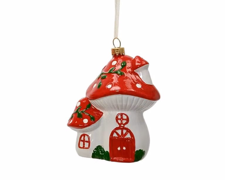 Kersthanger paddenstoel huis rood wit, hoogte: 12,5 cm