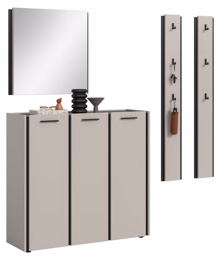 Xonox 4-delige halmeubelset met schoenenkast, spiegel en panel in beige en zwart, B/D/H: 180 x 40 x 190 cm