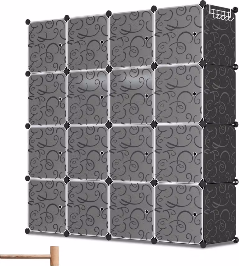 Modulaire kledingkast met 16 opslagvakken en hanggedeelte, Zwart, B/D/H: 140 x 35 x 140 cm