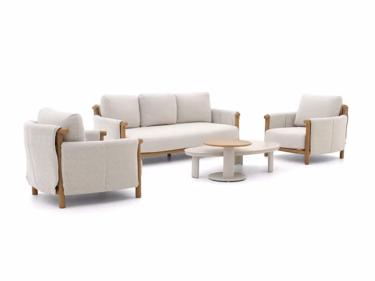 Bellagio loungeset voor 5 personen met beige kussens en teakhout