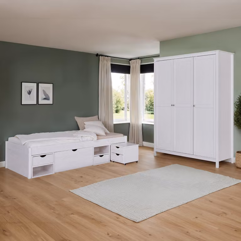 home24 Slaapkamerset Chilly met bedframe en opbergruimte, wit, B/D/H: 90 x 200 cm