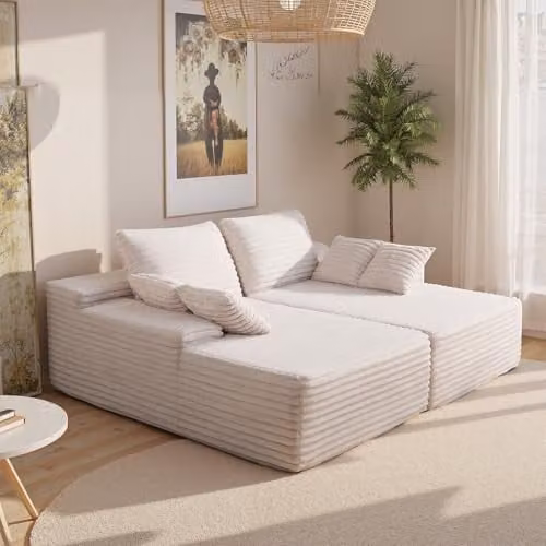 VEVOR Extra grote dubbele chaise longue in corduroy, beige L-vormige sectionele bank met slaapfunctie en sierkussens voor woonkamer of slaapkamer