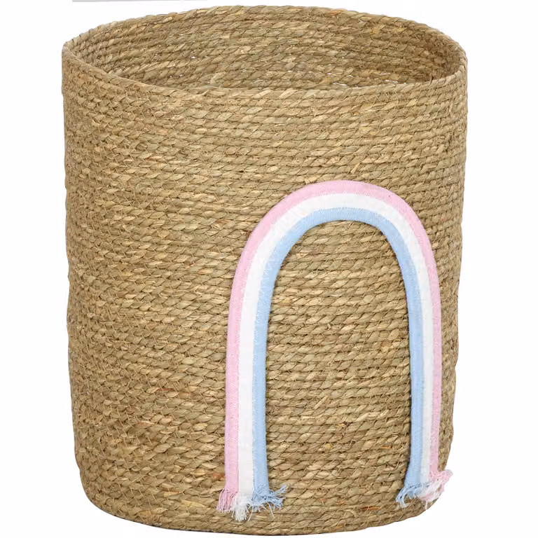HOMCOM Opbergmand met regenboogdecoratie, grote gevlochten zeegras mand voor badkamer of slaapkamer, Natur, 24,7L
