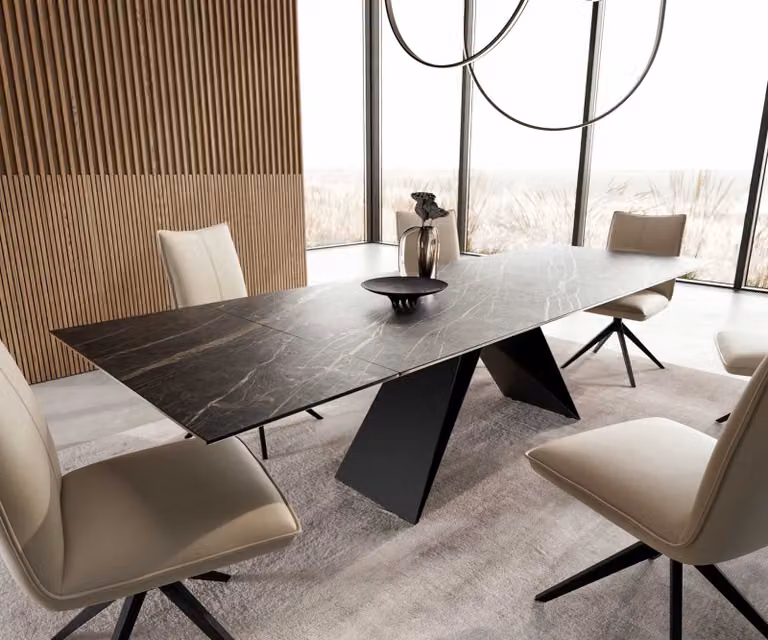 DELIFE Eetkamertafel Edge uitschuifbaar, Keramiek Laminam Noir Desir bruin, V-frame zwart staal, B: 200-300 cm, D: 100 cm