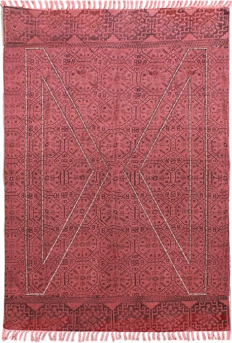 Handgemaakt katoenen Kelim vloerkleed - Boho stijl - Zwart rood - B/D: 80 x 480 cm