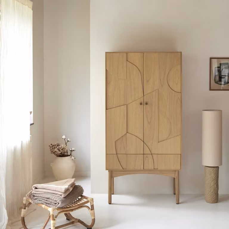 Tikamoon Kledingkast van massief mindihout - Beige - B: 180 cm, H: 90 cm, D: 45 cm