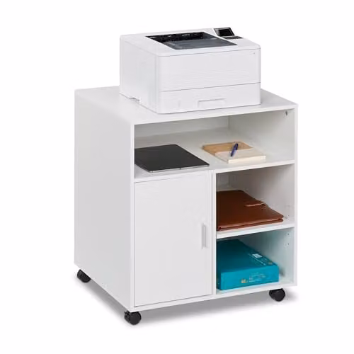 Relaxdays moderne bureaukast op wielen met deuren en vakken, wit/zilver, H x B x D: 66,5 x 60 x 50 cm