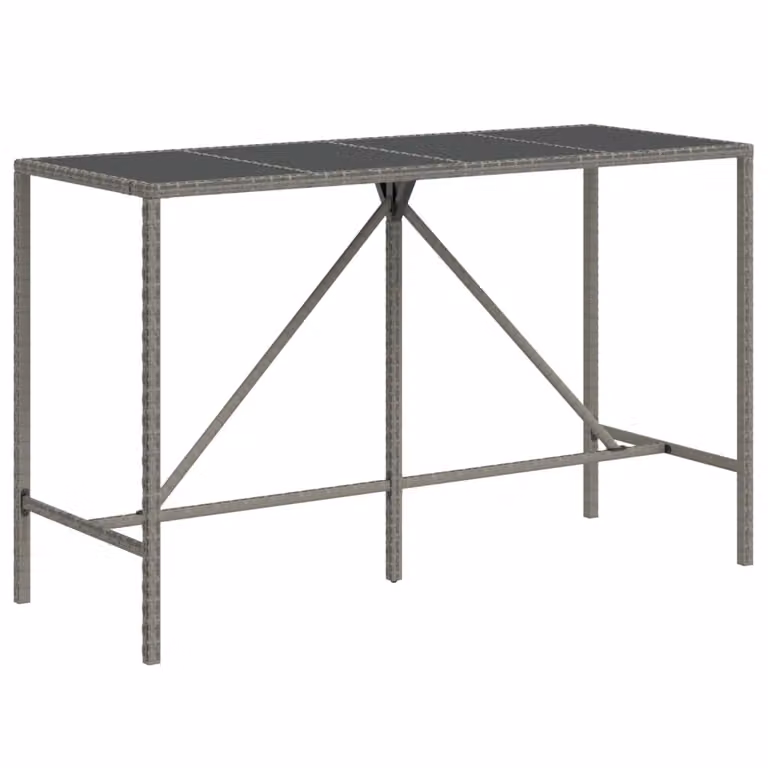vidaXL Bartafel met glazen blad en polyrotan, grijs, B/D/H: 180 x 70 x 110 cm