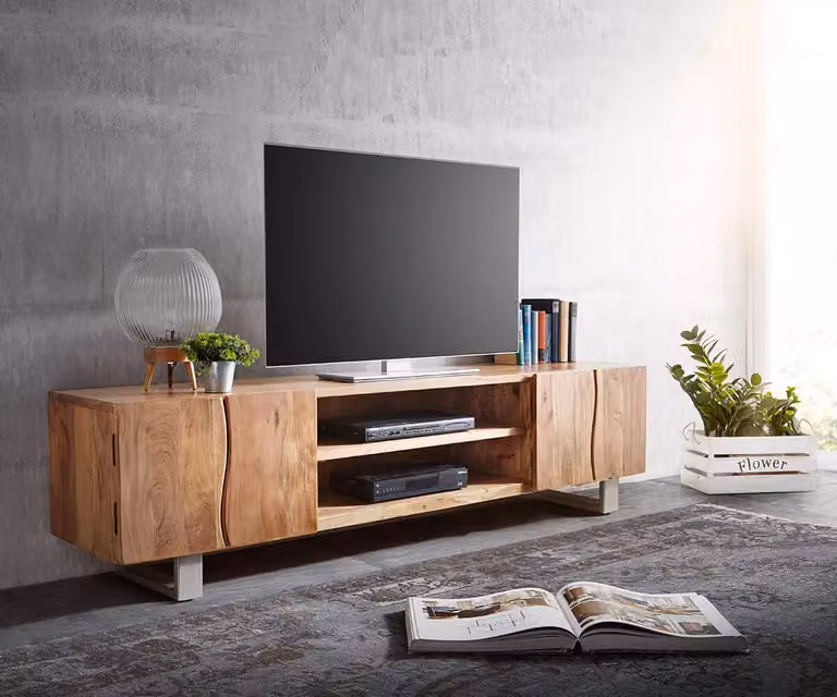 DELIFE TV-meubel Live-Edge van acacia hout in bruin met 4 deuren en 2 vakken, B: 200 cm, D: 46 cm, H: 53 cm