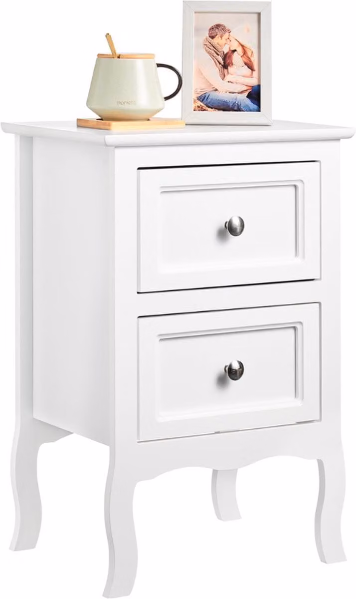 Vintage zwart houten nachtkastje en bijzettafel in rustieke stijl