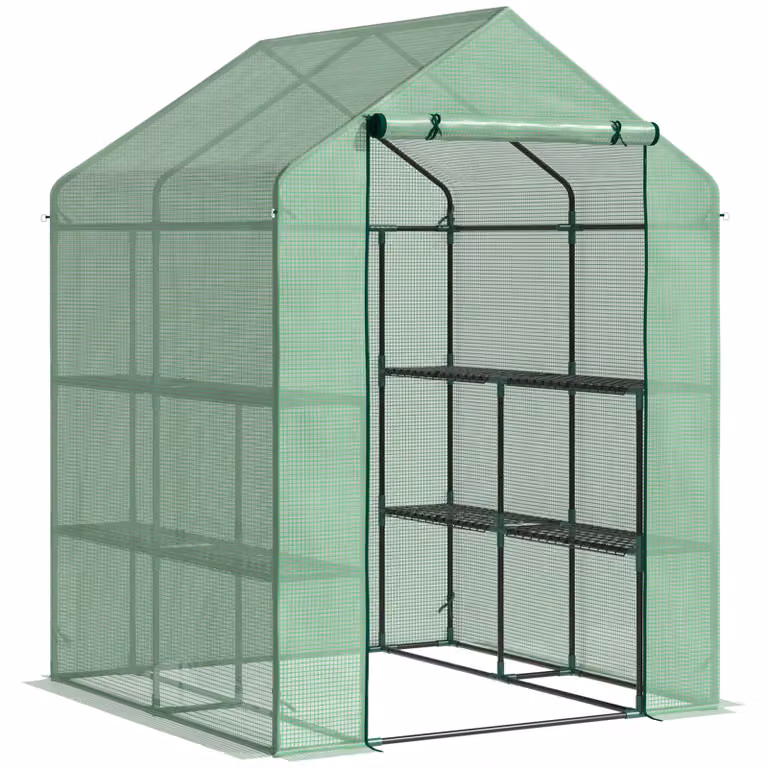 Outsunny Foliekas met 8 Planken en Roldeur, UV-bestendige Moestuinkas voor Tuin en Terras, Groen, B/D/H: 143 x 138 x 190 cm