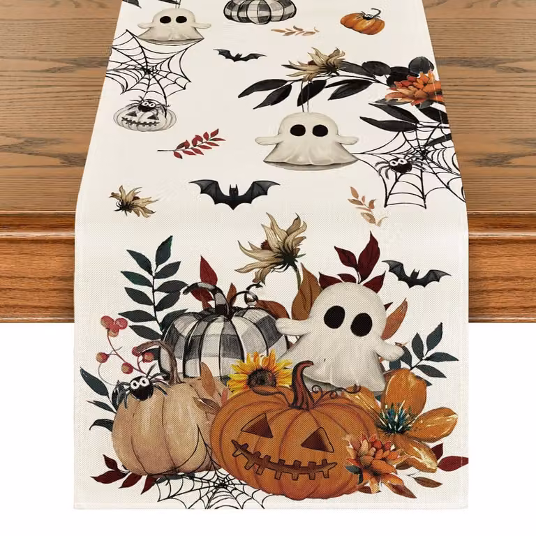 Dripio Halloween tafelrunner met pompoenen en spookjes, 40 x 180 cm