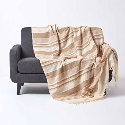 Homescapes Morocco Gestreepte Katoen Deken - Beige - 225 x 255 cm