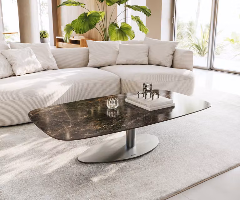 Salontafel Edge Vibany Emperador Extra Lucidato donkerbruin met keramiek en geborsteld roestvrij staal B: 140 cm, D: 80 cm, H: 36 cm