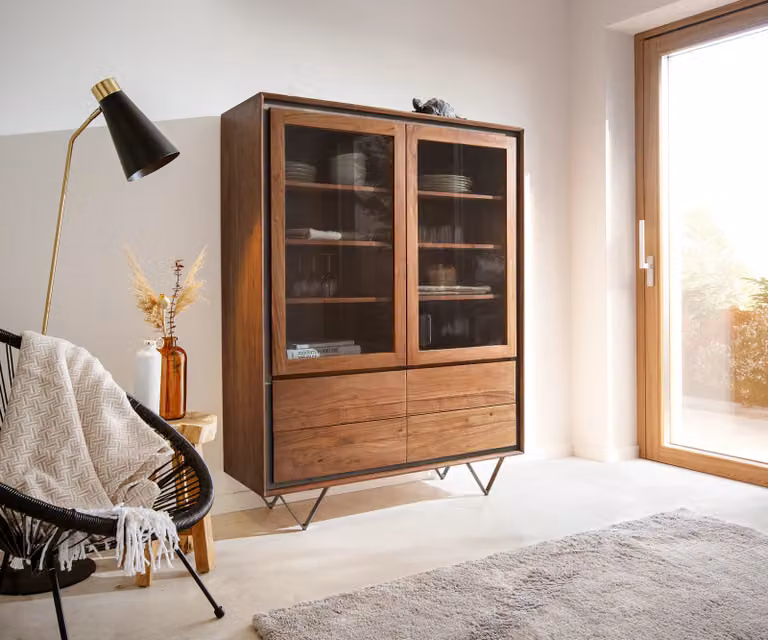 DELIFE Boekenkast Stonegrace, Bruin Acacia met Steenfineer, 2 Glazen Deuren en 4 Laden, Zwart V-poot, B: 120 cm, H: 150 cm