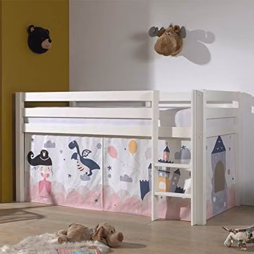 Vipack halfhoog bed PINO met textielset Prinses Sophie, massief beuken, wit gelakt, B/D/H: 90 x 200 cm