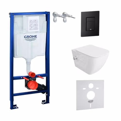 LAVITA Complete WC Set met Solido Voorwandelement, Parana Wit Inbouwspoelbak zonder Spoelrand, WC-bril met SoftClose en Zwarte Knop