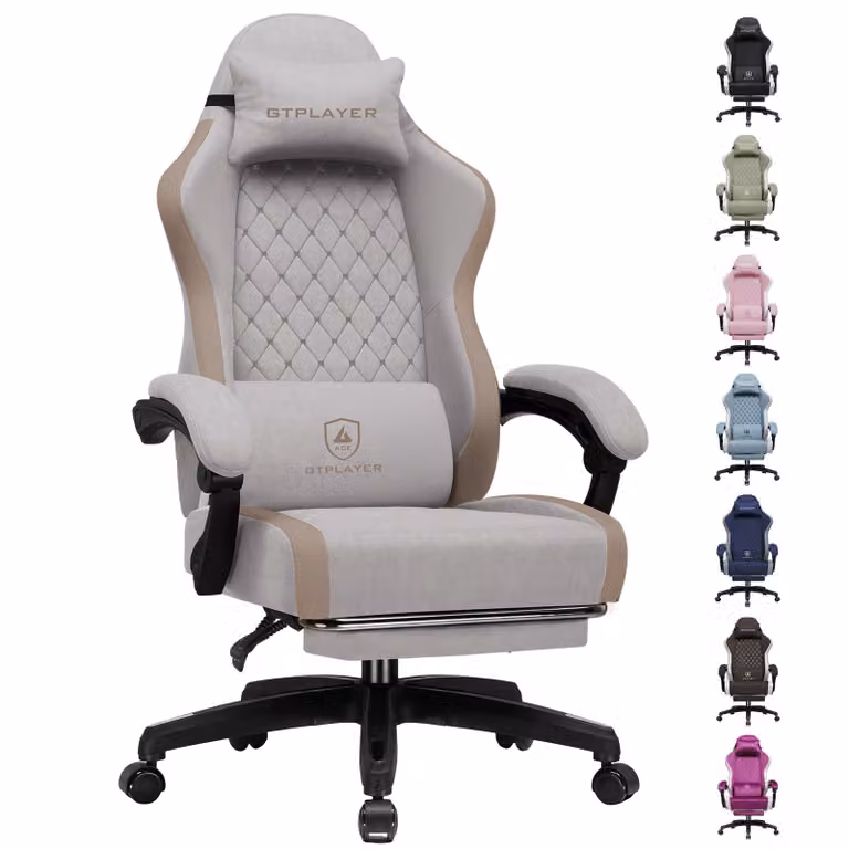 GTPLAYER Gaming Stoel, ergonomische computerstoel met ademend materiaal en voetsteun, lichtbruin
