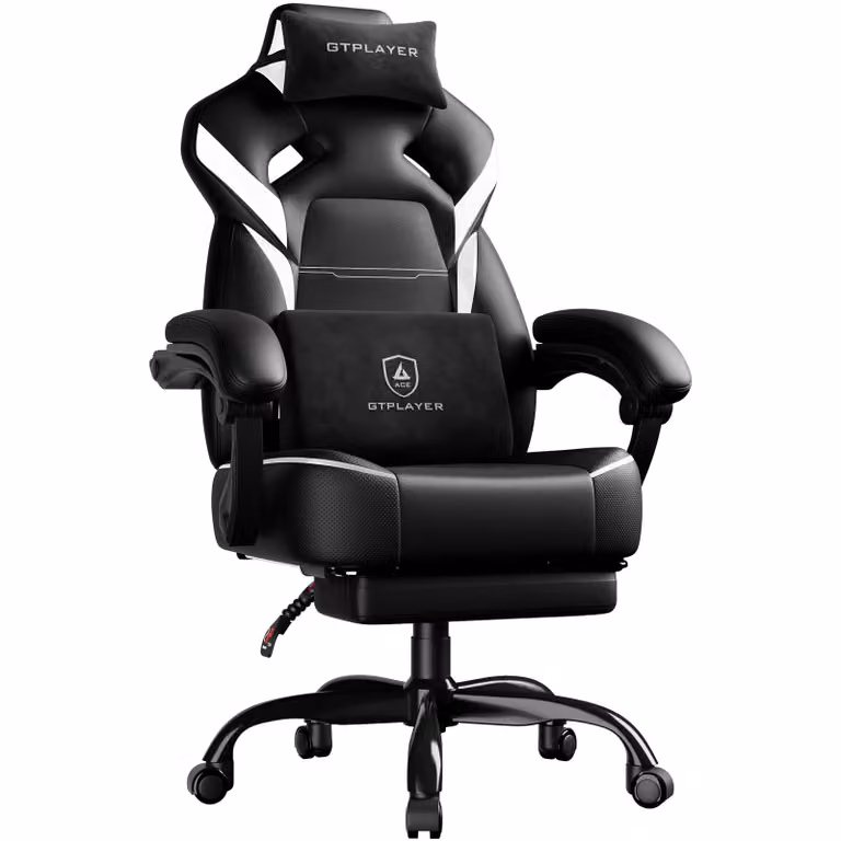 GTPLAYER Gaming stoel met voetsteun, lendensteun en hoofdsteun, verstelbaar, wit