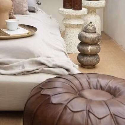 Light en Living Poef Calima Bruin Leer Diameter: 58 cm, Hoogte: 32 cm