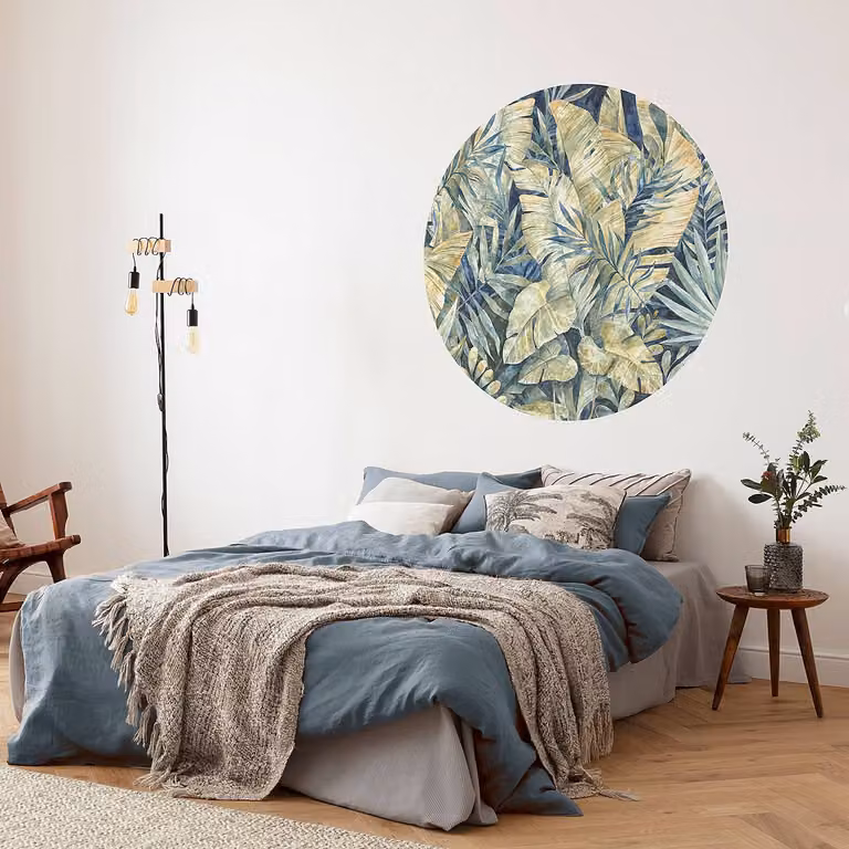 home24 Vlies-fotobehang Feuilles Tropicales, Botanisch en Modern, Blauw/Geel/Groen, B: 125 cm x H: 125 cm