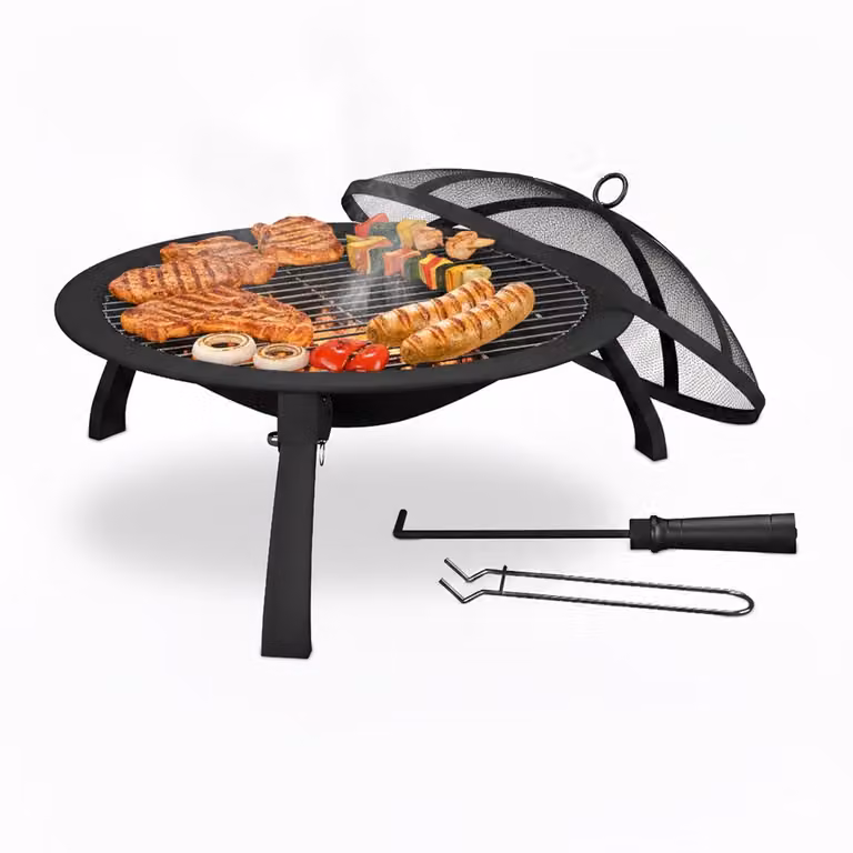 Relaxdays Vuurschaal met vonkenscherm, grillrooster en inklapbare poten, Zwart, Diameter: 51 cm