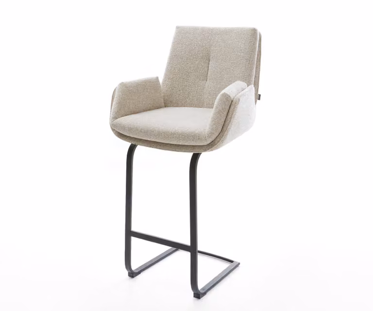 DELIFE Barstoel met armleuningen, Beige textiel, Zwart metalen vrijkantelframe