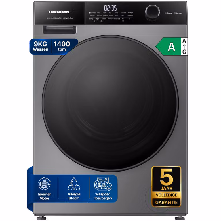 Heinner HWM-HMK9014IVTA Voorlader Wasmachine 9 kg, 1400 tpm, Inverter, Touch, Titaniumgrijs