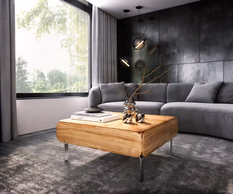 DELIFE Salontafel Shavani, Acacia hout en RVS zilver, Bruin, B/D/H: 90 x 90 x 40 cm