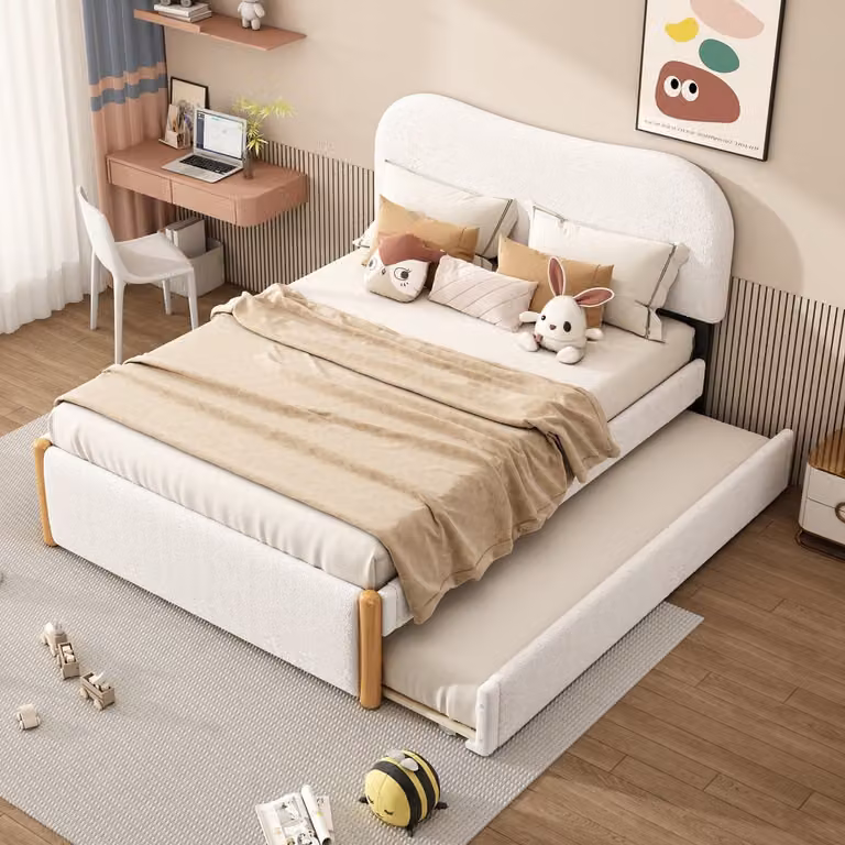 OKWISH Gestoffeerd Bed met Uitschuifbaar Rolbed en Lattenbodem, Wit, B/D: 140 x 200 cm