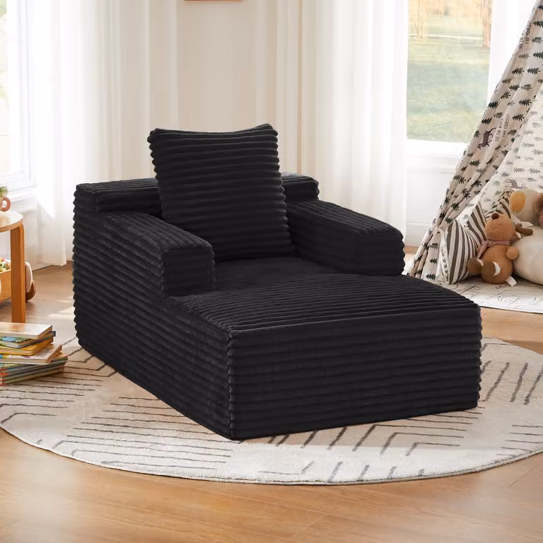 DESMIU Chaise Longue 1-Zits - Comfortabele Ribstof Relaxstoel - Zwart