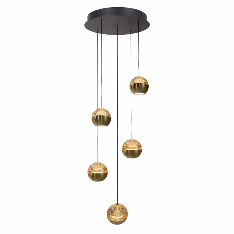 Steinhauer Belluno LED vide hanglamp met 5 glazen bollen in messing goud en transparant glas