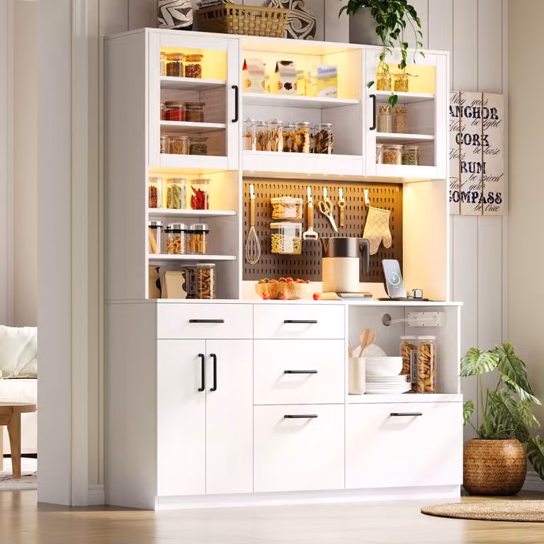 Clruro Dressoir met 5 Laden, Pegboard, RGB LED en Stopcontact - Wit - B: 185 cm, H: 145 cm, D: 40 cm