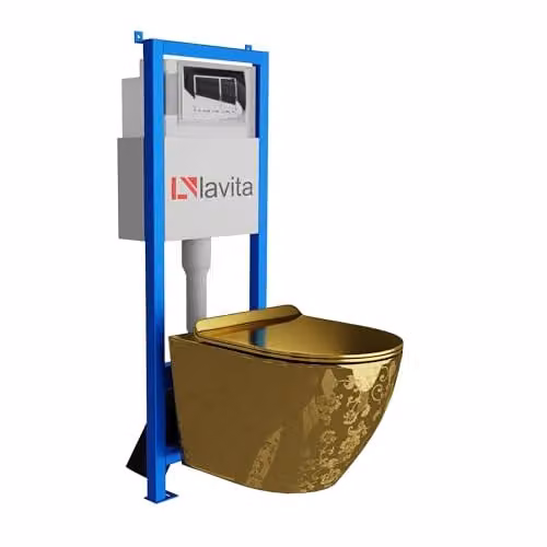 Lavita complete toiletset SOFI SLIM GOLDEN EYE met LAV 101 voorwandelement en LAV 200.1.2 bedienplaat, randloos en verchroomd