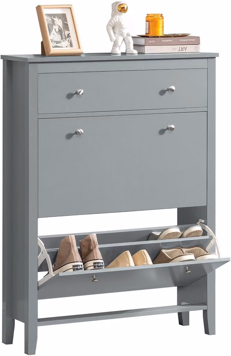 SoBuy Schoenenkast met 2 Kleppen en Grote Lade, Grijs, B: 80 cm, D: 25 cm, H: 108 cm