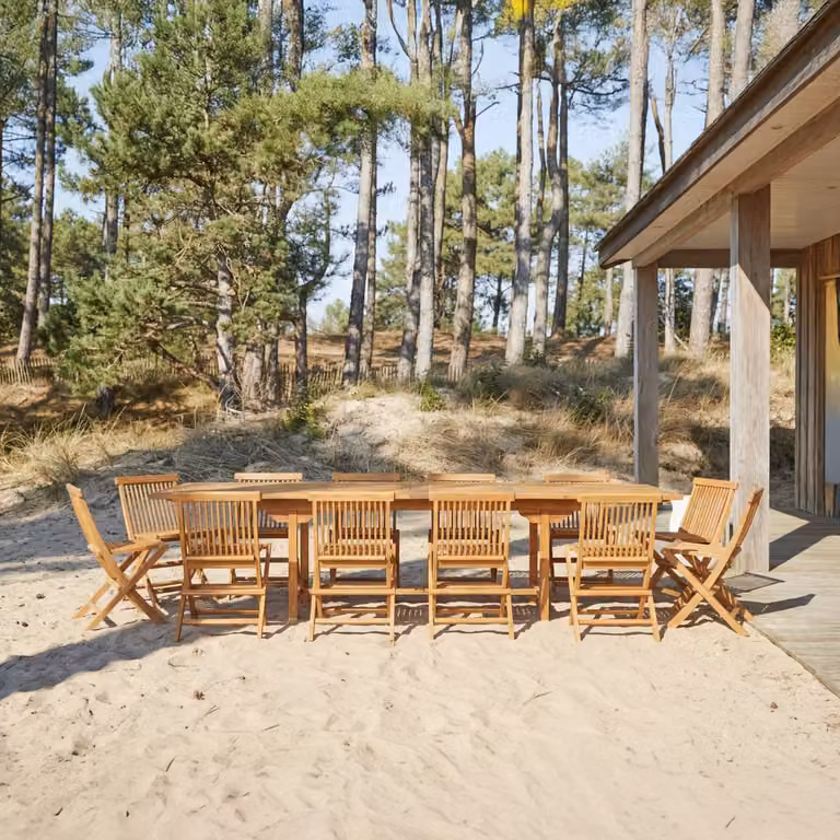 Tikamoon Capri tuinset met 12 stoelen van massief acaciahout, bruin, uitbreidbare rechthoekige tafel