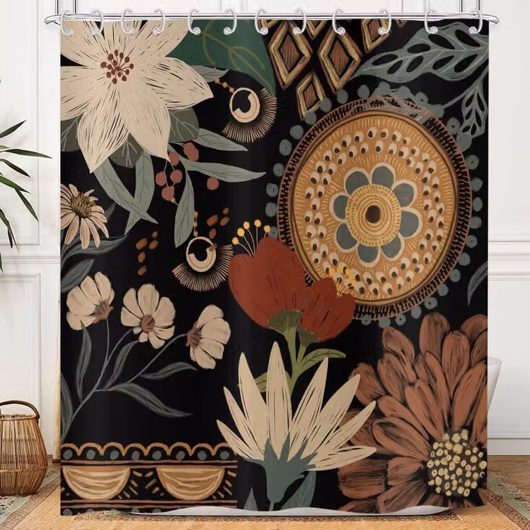 ShopVlot Douchegordijn Black Boho Floral met Vintage Abstract Bohemian Bloemenpatroon, 180 x 200 cm