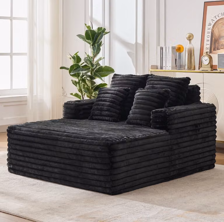 Wishdor Chaise longue 2-zits loungeplek met geïntegreerde bekerhouders en imitatiebontbekleding - Zwart - B/D/H: 135 x 128 x 86 cm