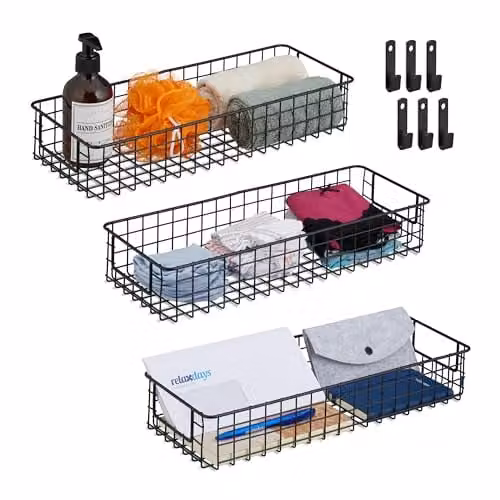 Relaxdays Set van 3 metalen draadmanden voor aan de muur, zwart, H x B x D: 7,5 x 41 x 16 cm