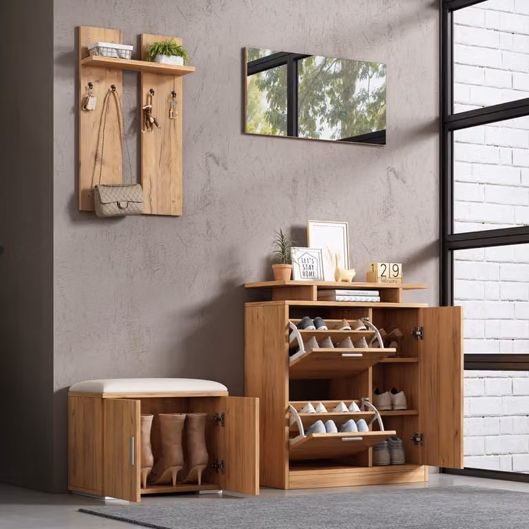 Wandgarderobe set met schoenenbank, schoenenkast, spiegel en haken, naturel, B140 x D35 x H133 cm