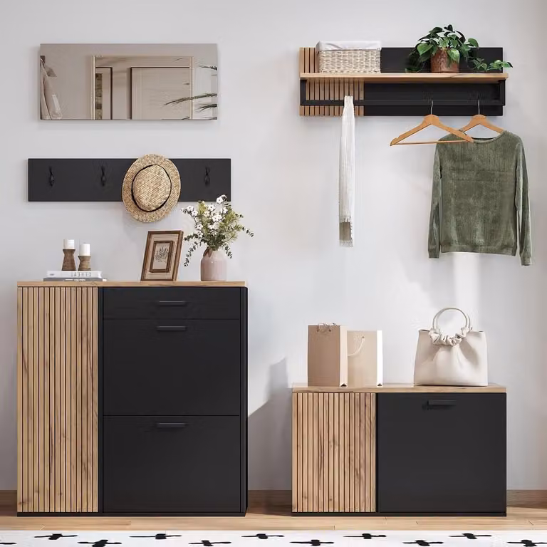 Vijfdelige Halmeubel Set Entree Garderobe Set Houtkleur Zwart B/D/H: 85 x 36 x 85 cm