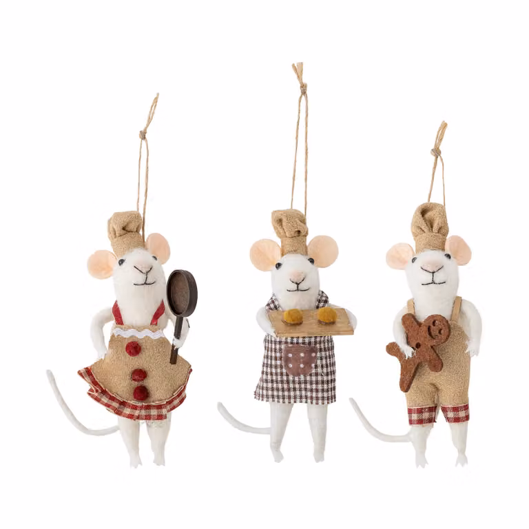Bloomingville Peo kerstboomhangers van wol met bakkende muizen, 3-delig, wit