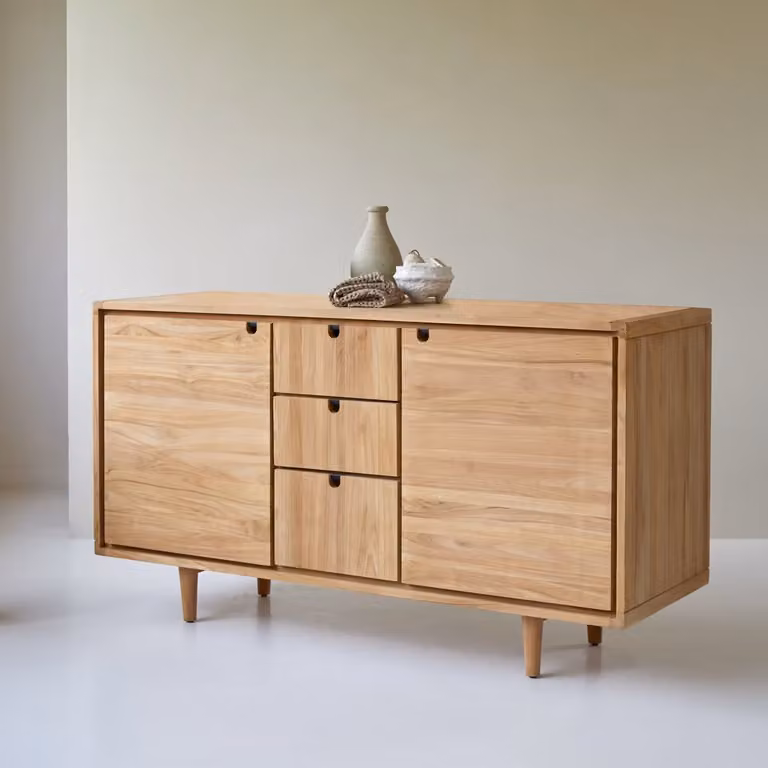 Jonàk Opbergmeubel van massief teak met deuren en laden, Bruin, B: 145 cm, D: 50 cm, H: 80 cm