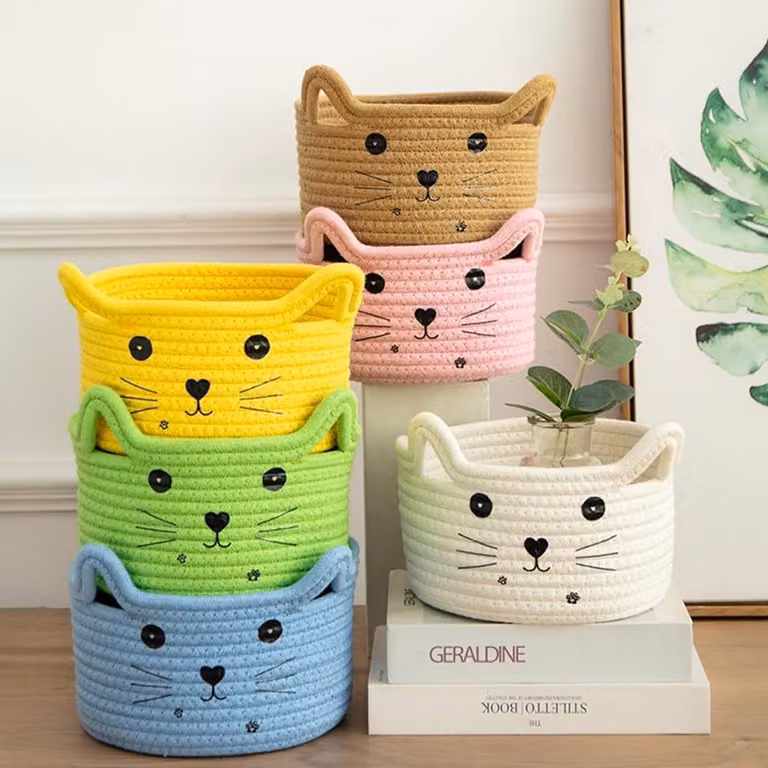 SnelShoppen Opbergmand voor katten met kattenoren, gevlochten katoen, roze, 21 x 12 cm