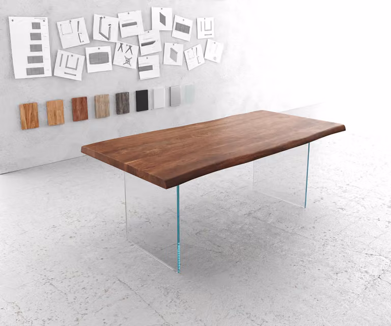 DELIFE Eettafel Edge XL van acacia hout en glas, Bruin, B/D/H: 200 x 100 x 76,5 cm