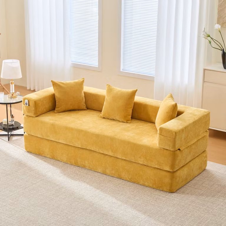 MIVRAY Modulaire Hoekbank met Slaapfunctie en Zijvakken - Chenille Mosterdgeel - Breedte: 198 cm
