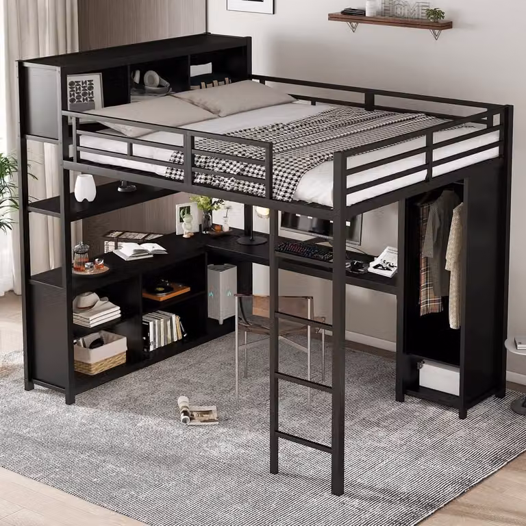 STILVORA Hoogslaper met bureau, kast en bedopslag, zwart, 140 x 200 cm