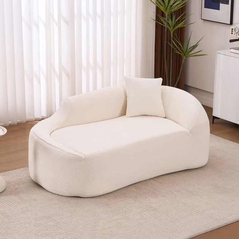 Pugsdrly Compacte tweezitsbank met gebogen chaise longue en diepe zitting, moderne chenille slaapbank inclusief 1 kussen, crèmekleurig