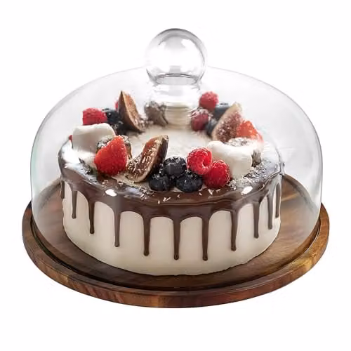 Relaxdays taartplateau met glazen stolp, rond, bruin en transparant, Diameter: 28 cm, Hoogte: 16 cm