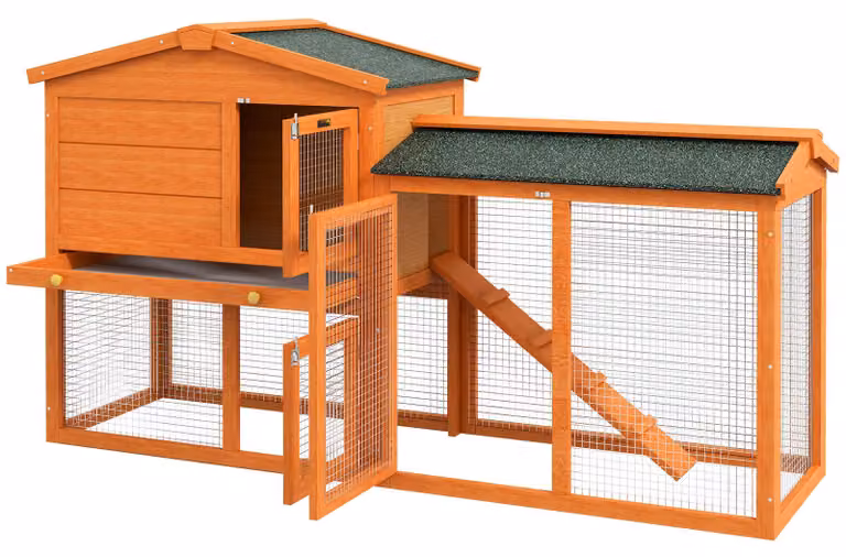 PawHut konijnenhok Hazenstall met 2 niveaus, dennenhout, winterbestendig, oranje